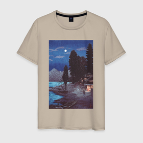 Мужская футболка хлопок с принтом Lake Chuzenji (Озеро Чузендзи) в Курске, 100% хлопок | прямой крой, круглый вырез горловины, длина до линии бедер, слегка спущенное плечо. | Тематика изображения на принте: japan | винтаж | горы | озеро | пейзаж | природа | фудзи | япония | японская | японская анимация | японская эстетика | японский стиль