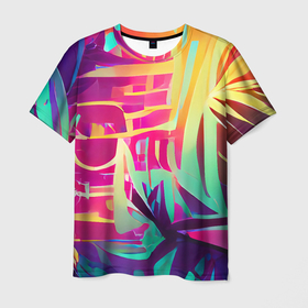 Мужская футболка 3D с принтом Хиппи вайб в Белгороде, 100% полиэфир | прямой крой, круглый вырез горловины, длина до линии бедер | Тематика изображения на принте: bright | colors | happy | hippie | jungle | summer | tropic | vibe | абстракция | вайб | джунгли | красочный | лето | настроение | радостный | разноцветный | счастливый | тропический | фееричный | хиппи | цвета