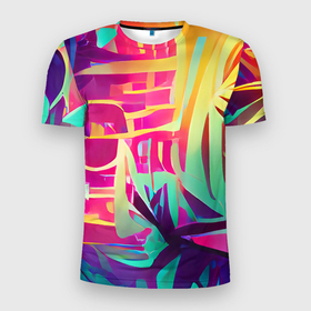 Мужская футболка 3D Slim с принтом Хиппи вайб в Санкт-Петербурге, 100% полиэстер с улучшенными характеристиками | приталенный силуэт, круглая горловина, широкие плечи, сужается к линии бедра | Тематика изображения на принте: bright | colors | happy | hippie | jungle | summer | tropic | vibe | абстракция | вайб | джунгли | красочный | лето | настроение | радостный | разноцветный | счастливый | тропический | фееричный | хиппи | цвета