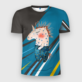 Мужская футболка 3D Slim с принтом Конь.  Детский рисунок в Петрозаводске, 100% полиэстер с улучшенными характеристиками | приталенный силуэт, круглая горловина, широкие плечи, сужается к линии бедра | детский рисунок | конь | коняшка | лошадка | лошадь
