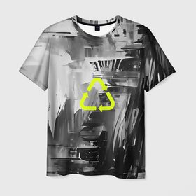 Мужская футболка 3D с принтом Recycling в Белгороде, 100% полиэфир | прямой крой, круглый вырез горловины, длина до линии бедер | black | dark | green | monochrome | recycling | white | белый | бесцветный | зеленый | значок | кислотный | краски | монохромный | переработка | стрелки | темный | чернобелый | черный