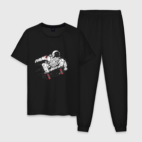 Мужская пижама хлопок с принтом Космонавт, катающийся на скейтборде в Кировске, 100% хлопок | брюки и футболка прямого кроя, без карманов, на брюках мягкая резинка на поясе и по низу штанин
 | Тематика изображения на принте: astronaut | cosmos | moon | skateboard | skater | space | spacesuit | star | звезда | космонавт | космос | луна | скафандр | скейтборд | скейтер