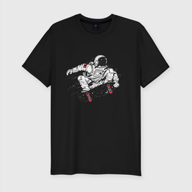 Мужская футболка хлопок Slim с принтом Космонавт, катающийся на скейтборде в Екатеринбурге, 92% хлопок, 8% лайкра | приталенный силуэт, круглый вырез ворота, длина до линии бедра, короткий рукав | astronaut | cosmos | moon | skateboard | skater | space | spacesuit | star | звезда | космонавт | космос | луна | скафандр | скейтборд | скейтер