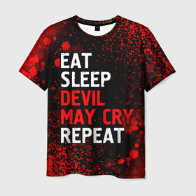 Мужская футболка 3D с принтом Eat Sleep Devil May Cry Repeat + Арт в Екатеринбурге, 100% полиэфир | прямой крой, круглый вырез горловины, длина до линии бедер | Тематика изображения на принте: cry | devil | eat sleep devil may cry repeat | logo | may | девил | игра | игры | край | краска | лого | логотип | мэй | символ | спрей