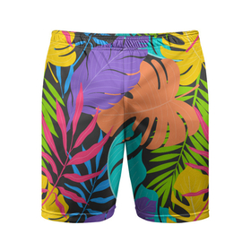 Мужские шорты спортивные с принтом Тропические экзотические листья ,  |  | beach | leaf | leafs | palm | palms | pattern | style | summer | tropical | tropics | летний стиль | пальма | пальмы | паттерн | пляжный стиль | стиль | тропикал | тропики | узор | яркие краски
