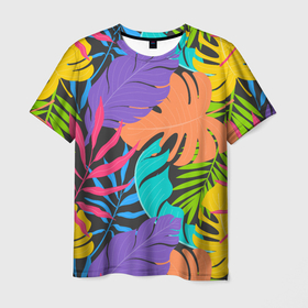 Мужская футболка 3D с принтом Тропические экзотические листья в Екатеринбурге, 100% полиэфир | прямой крой, круглый вырез горловины, длина до линии бедер | beach | leaf | leafs | palm | palms | pattern | style | summer | tropical | tropics | летний стиль | пальма | пальмы | паттерн | пляжный стиль | стиль | тропикал | тропики | узор | яркие краски