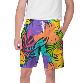Мужские шорты 3D с принтом Тропические экзотические листья ,  полиэстер 100% | прямой крой, два кармана без застежек по бокам. Мягкая трикотажная резинка на поясе, внутри которой широкие завязки. Длина чуть выше колен | Тематика изображения на принте: beach | leaf | leafs | palm | palms | pattern | style | summer | tropical | tropics | летний стиль | пальма | пальмы | паттерн | пляжный стиль | стиль | тропикал | тропики | узор | яркие краски