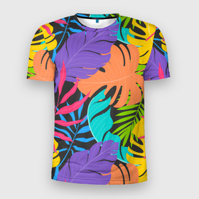 Мужская футболка 3D Slim с принтом Тропические экзотические листья в Санкт-Петербурге, 100% полиэстер с улучшенными характеристиками | приталенный силуэт, круглая горловина, широкие плечи, сужается к линии бедра | beach | leaf | leafs | palm | palms | pattern | style | summer | tropical | tropics | летний стиль | пальма | пальмы | паттерн | пляжный стиль | стиль | тропикал | тропики | узор | яркие краски