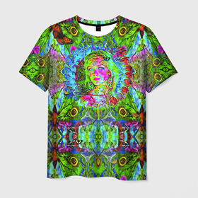 Мужская футболка 3D с принтом ЦВЕТЫ И БАБОЧКИ | ПОРТРЕТ ДЕВУШКИ в Белгороде, 100% полиэфир | прямой крой, круглый вырез горловины, длина до линии бедер | бабочки | девушка | зеленый | калейдоскоп | цветы