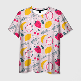 Мужская футболка 3D с принтом Fruit  Pattern в Петрозаводске, 100% полиэфир | прямой крой, круглый вырез горловины, длина до линии бедер | banana | berry | fruit | lemon | pattern | бананы | драконий фрукт | клубника | лимон | паттерн | текстура | фрукты | ягоды