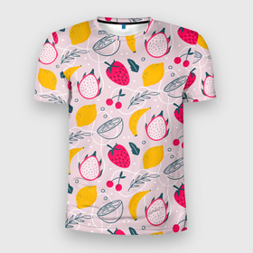 Мужская футболка 3D Slim с принтом Fruit  Pattern в Тюмени, 100% полиэстер с улучшенными характеристиками | приталенный силуэт, круглая горловина, широкие плечи, сужается к линии бедра | banana | berry | fruit | lemon | pattern | бананы | драконий фрукт | клубника | лимон | паттерн | текстура | фрукты | ягоды