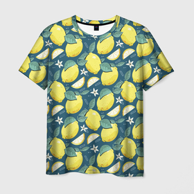 Мужская футболка 3D с принтом Cute lemon pattern в Петрозаводске, 100% полиэфир | прямой крой, круглый вырез горловины, длина до линии бедер | Тематика изображения на принте: fruit | lemon | pattern | лимон | лимоны | паттерн | фрукт | фрукты