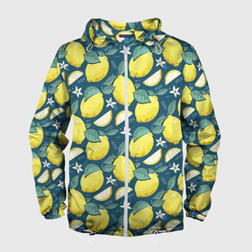Мужская ветровка 3D с принтом Cute lemon pattern в Петрозаводске, 100% полиэстер | подол и капюшон оформлены резинкой с фиксаторами, два кармана без застежек по бокам, один потайной карман на груди | Тематика изображения на принте: fruit | lemon | pattern | лимон | лимоны | паттерн | фрукт | фрукты