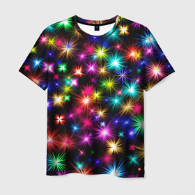 Мужская футболка 3D с принтом ЦВЕТНЫЕ ЗВЕЗДЫ (COLORED STARS) в Белгороде, 100% полиэфир | прямой крой, круглый вырез горловины, длина до линии бедер | звезды | красочные | межзвездный | разноцветный | розовый | синие | текстура | фиолетовый | цвет | цветные | черные