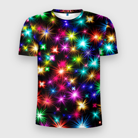 Мужская футболка 3D Slim с принтом ЦВЕТНЫЕ ЗВЕЗДЫ (COLORED STARS) в Белгороде, 100% полиэстер с улучшенными характеристиками | приталенный силуэт, круглая горловина, широкие плечи, сужается к линии бедра | звезды | красочные | межзвездный | разноцветный | розовый | синие | текстура | фиолетовый | цвет | цветные | черные