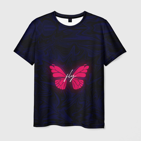 Мужская футболка 3D с принтом бабочка неон FLY в Новосибирске, 100% полиэфир | прямой крой, круглый вырез горловины, длина до линии бедер | бабочка | надпись | насекомые | неон | розовый