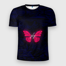Мужская футболка 3D Slim с принтом бабочка неон FLY в Кировске, 100% полиэстер с улучшенными характеристиками | приталенный силуэт, круглая горловина, широкие плечи, сужается к линии бедра | Тематика изображения на принте: бабочка | надпись | насекомые | неон | розовый