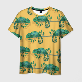 Мужская футболка 3D с принтом Хамелеон принт в Новосибирске, 100% полиэфир | прямой крой, круглый вырез горловины, длина до линии бедер | Тематика изображения на принте: желтый | животное | зеленый | принт | хамелеон