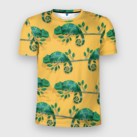 Мужская футболка 3D Slim с принтом Хамелеон принт в Новосибирске, 100% полиэстер с улучшенными характеристиками | приталенный силуэт, круглая горловина, широкие плечи, сужается к линии бедра | Тематика изображения на принте: желтый | животное | зеленый | принт | хамелеон