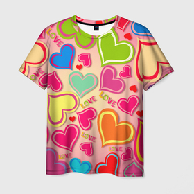 Мужская футболка 3D с принтом ЛЮБОВНЫЕ СЕРДЕЧКИ (LOVE HEARTS) в Новосибирске, 100% полиэфир | прямой крой, круглый вырез горловины, длина до линии бедер | Тематика изображения на принте: валентинка | валентинки | день святого валентина | забавные | красный | любовь | милые | очаровательный | розовый | сердечки | синий | счастливый | эстетичный