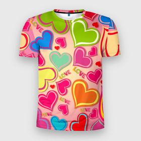 Мужская футболка 3D Slim с принтом ЛЮБОВНЫЕ СЕРДЕЧКИ (LOVE HEARTS) в Новосибирске, 100% полиэстер с улучшенными характеристиками | приталенный силуэт, круглая горловина, широкие плечи, сужается к линии бедра | Тематика изображения на принте: валентинка | валентинки | день святого валентина | забавные | красный | любовь | милые | очаровательный | розовый | сердечки | синий | счастливый | эстетичный