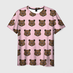 Мужская футболка 3D с принтом Веселый медведь паттрен , 100% полиэфир | прямой крой, круглый вырез горловины, длина до линии бедер | животное | медведь | милый | мишка | рисунок | розовый | счастье