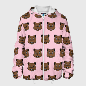 Мужская куртка 3D с принтом Веселый медведь паттрен в Екатеринбурге, ткань верха — 100% полиэстер, подклад — флис | прямой крой, подол и капюшон оформлены резинкой с фиксаторами, два кармана без застежек по бокам, один большой потайной карман на груди. Карман на груди застегивается на липучку | животное | медведь | милый | мишка | рисунок | розовый | счастье