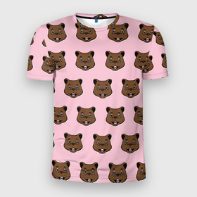 Мужская футболка 3D Slim с принтом Веселый медведь паттрен в Курске, 100% полиэстер с улучшенными характеристиками | приталенный силуэт, круглая горловина, широкие плечи, сужается к линии бедра | Тематика изображения на принте: животное | медведь | милый | мишка | рисунок | розовый | счастье