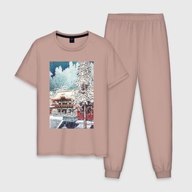 Мужская пижама хлопок с принтом The Yomei Gate at Nikko (Японская зима) в Екатеринбурге, 100% хлопок | брюки и футболка прямого кроя, без карманов, на брюках мягкая резинка на поясе и по низу штанин
 | japan | винтаж | зима | пейзаж | природа | снег | храм | япония | японская | японская анимация | японская эстетика | японский | японский стиль