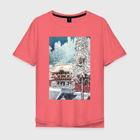 Мужская футболка хлопок Oversize с принтом The Yomei Gate at Nikko (Японская зима) в Тюмени, 100% хлопок | свободный крой, круглый ворот, “спинка” длиннее передней части | japan | винтаж | зима | пейзаж | природа | снег | храм | япония | японская | японская анимация | японская эстетика | японский | японский стиль