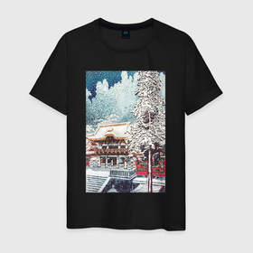Мужская футболка хлопок с принтом The Yomei Gate at Nikko (Японская зима) в Белгороде, 100% хлопок | прямой крой, круглый вырез горловины, длина до линии бедер, слегка спущенное плечо. | japan | винтаж | зима | пейзаж | природа | снег | храм | япония | японская | японская анимация | японская эстетика | японский | японский стиль