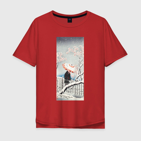 Мужская футболка хлопок Oversize с принтом Plum Tree in Snow (Зимняя слива) в Тюмени, 100% хлопок | свободный крой, круглый ворот, “спинка” длиннее передней части | japan | винтаж | зима | пейзаж | природа | слива | снег | япония | японская | японская анимация | японская эстетика | японский | японский стиль