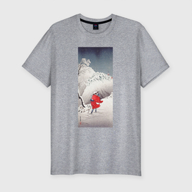Мужская футболка хлопок Slim с принтом Snowy Evening on a Mountain Path (Заснеженная тропа) в Санкт-Петербурге, 92% хлопок, 8% лайкра | приталенный силуэт, круглый вырез ворота, длина до линии бедра, короткий рукав | japan | винтаж | горы | зима | пейзаж | природа | прогулка | снег | япония | японская | японская анимация | японская эстетика | японский | японский стиль