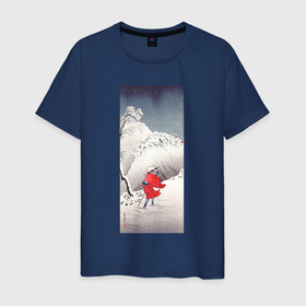Мужская футболка хлопок с принтом Snowy Evening on a Mountain Path (Заснеженная тропа) в Екатеринбурге, 100% хлопок | прямой крой, круглый вырез горловины, длина до линии бедер, слегка спущенное плечо. | Тематика изображения на принте: japan | винтаж | горы | зима | пейзаж | природа | прогулка | снег | япония | японская | японская анимация | японская эстетика | японский | японский стиль