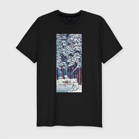 Мужская футболка хлопок Slim с принтом Cedar Tree Lined Road at Nikko (Зимний лес) в Санкт-Петербурге, 92% хлопок, 8% лайкра | приталенный силуэт, круглый вырез ворота, длина до линии бедра, короткий рукав | japan | винтаж | зима | лес | пейзаж | природа | прогулка | снег | япония | японская | японская анимация | японская эстетика | японский
