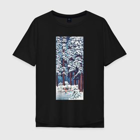 Мужская футболка хлопок Oversize с принтом Cedar Tree Lined Road at Nikko (Зимний лес) в Екатеринбурге, 100% хлопок | свободный крой, круглый ворот, “спинка” длиннее передней части | japan | винтаж | зима | лес | пейзаж | природа | прогулка | снег | япония | японская | японская анимация | японская эстетика | японский