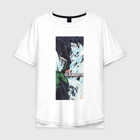 Мужская футболка хлопок Oversize с принтом Shiragumo Waterfall of Nikko (Водопад Ширагумо) в Екатеринбурге, 100% хлопок | свободный крой, круглый ворот, “спинка” длиннее передней части | japan | винтаж | вода | водопад | природа | прогулка | япония | японская анимация | японская эстетика | японский стиль