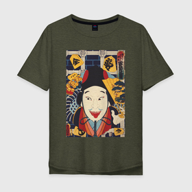 Мужская футболка хлопок Oversize с принтом Portrait of an Actor (Актёр японского театра) в Новосибирске, 100% хлопок | свободный крой, круглый ворот, “спинка” длиннее передней части | japan | актер | винтаж | театр | япония | японская | японская анимация | японская эстетика | японский стиль | японский театр