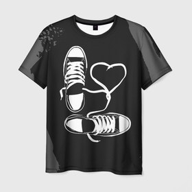 Мужская футболка 3D с принтом Кеды и любовь в Екатеринбурге, 100% полиэфир | прямой крой, круглый вырез горловины, длина до линии бедер | Тематика изображения на принте: альтернатива | грандж | кеды | любовь | обувь | рок | сердце | спорт | черно белое | шнурки