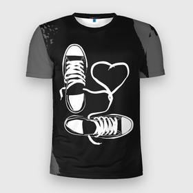 Мужская футболка 3D Slim с принтом Кеды и любовь в Санкт-Петербурге, 100% полиэстер с улучшенными характеристиками | приталенный силуэт, круглая горловина, широкие плечи, сужается к линии бедра | альтернатива | грандж | кеды | любовь | обувь | рок | сердце | спорт | черно белое | шнурки