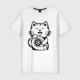 Мужская футболка хлопок Slim с принтом JDM   Cat  Engine   Japan , 92% хлопок, 8% лайкра | приталенный силуэт, круглый вырез ворота, длина до линии бедра, короткий рукав | ears | engine | japan | jdm | moustache | paws | smile | style | tail | двигатель | кот | котёнок | кошка | лапы | стиль | улыбка | усы | уши | хвост | япония