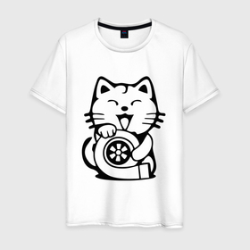 Мужская футболка хлопок с принтом JDM   Cat  Engine   Japan в Белгороде, 100% хлопок | прямой крой, круглый вырез горловины, длина до линии бедер, слегка спущенное плечо. | ears | engine | japan | jdm | moustache | paws | smile | style | tail | двигатель | кот | котёнок | кошка | лапы | стиль | улыбка | усы | уши | хвост | япония