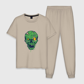 Мужская пижама хлопок с принтом Зелёный зомби в Санкт-Петербурге, 100% хлопок | брюки и футболка прямого кроя, без карманов, на брюках мягкая резинка на поясе и по низу штанин
 | Тематика изображения на принте: death | devil | halloween | horror | skull | zombie | демон | дьявол | зло | зомби | призрак | скелет | хоррор | хэллоуин | череп