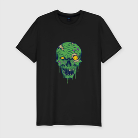 Мужская футболка хлопок Slim с принтом Зелёный зомби в Курске, 92% хлопок, 8% лайкра | приталенный силуэт, круглый вырез ворота, длина до линии бедра, короткий рукав | death | devil | halloween | horror | skull | zombie | демон | дьявол | зло | зомби | призрак | скелет | хоррор | хэллоуин | череп