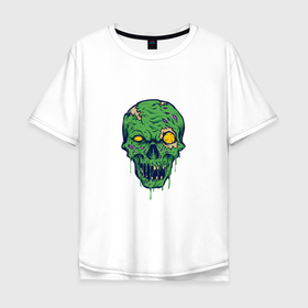 Мужская футболка хлопок Oversize с принтом Зелёный зомби в Белгороде, 100% хлопок | свободный крой, круглый ворот, “спинка” длиннее передней части | Тематика изображения на принте: death | devil | halloween | horror | skull | zombie | демон | дьявол | зло | зомби | призрак | скелет | хоррор | хэллоуин | череп