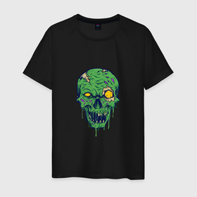 Мужская футболка хлопок с принтом Зелёный зомби в Екатеринбурге, 100% хлопок | прямой крой, круглый вырез горловины, длина до линии бедер, слегка спущенное плечо. | death | devil | halloween | horror | skull | zombie | демон | дьявол | зло | зомби | призрак | скелет | хоррор | хэллоуин | череп