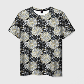 Мужская футболка 3D с принтом Белые бутоны цветов в Белгороде, 100% полиэфир | прямой крой, круглый вырез горловины, длина до линии бедер | abstract | абстракция | бутоны | геометрия | калейдоскоп | классика | линии | паттерн | текстура | текстурные  узоры | узор | узоры | цветы