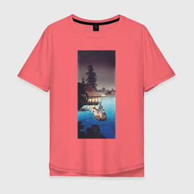 Мужская футболка хлопок Oversize с принтом Enjoying Evening Cool (Прогулка на лодке) в Екатеринбурге, 100% хлопок | свободный крой, круглый ворот, “спинка” длиннее передней части | japan | винтаж | горы | ночь | озеро | пейзаж | природа | япония | японская | японская анимация | японская эстетика | японский стиль