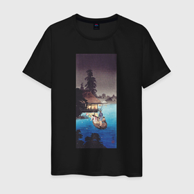 Мужская футболка хлопок с принтом Enjoying Evening Cool (Прогулка на лодке) в Курске, 100% хлопок | прямой крой, круглый вырез горловины, длина до линии бедер, слегка спущенное плечо. | Тематика изображения на принте: japan | винтаж | горы | ночь | озеро | пейзаж | природа | япония | японская | японская анимация | японская эстетика | японский стиль
