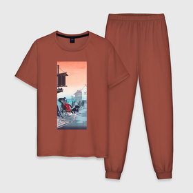 Мужская пижама хлопок с принтом Morning Haze (Туман) в Кировске, 100% хлопок | брюки и футболка прямого кроя, без карманов, на брюках мягкая резинка на поясе и по низу штанин
 | japan | винтаж | горы | пейзаж | природа | прогулка | туман | япония | японская | японская анимация | японская эстетика